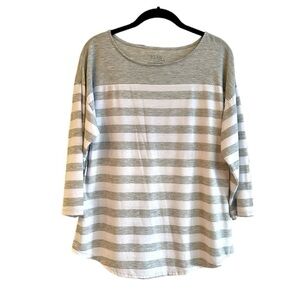 TIME&TRU, WOMENS, GREY & WHITE STRIPE TOP. ROUND NECK, 3/4 SLEEVE.SIZE L(12-14)
